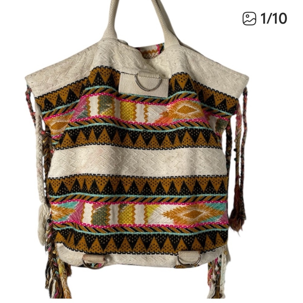 America & Beyond Boho Navajo Woven Multicolor Canvas Tote Backpack Bag - Picture 11 of 12